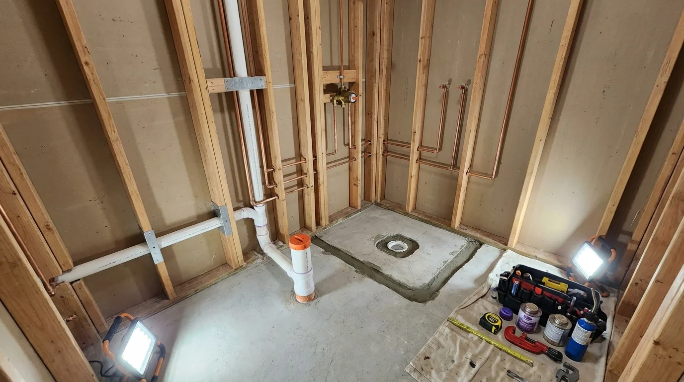 Bathroom rough-in plumbing during remodel by Johns Plumbing LLC in Beaverdale