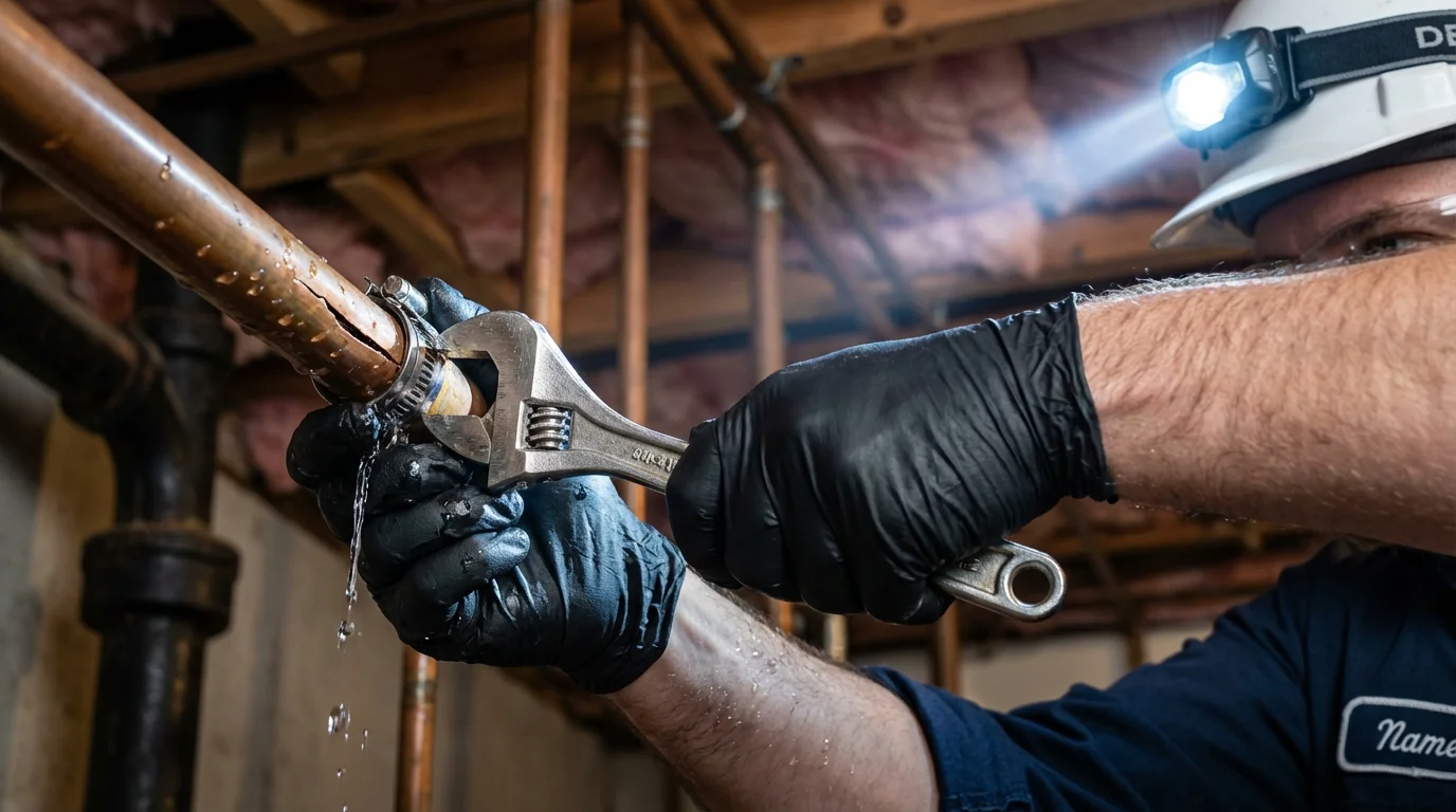 Emergency pipe clamp repair being performed by a Johns Plumbing LLC plumber in Beaverdale
