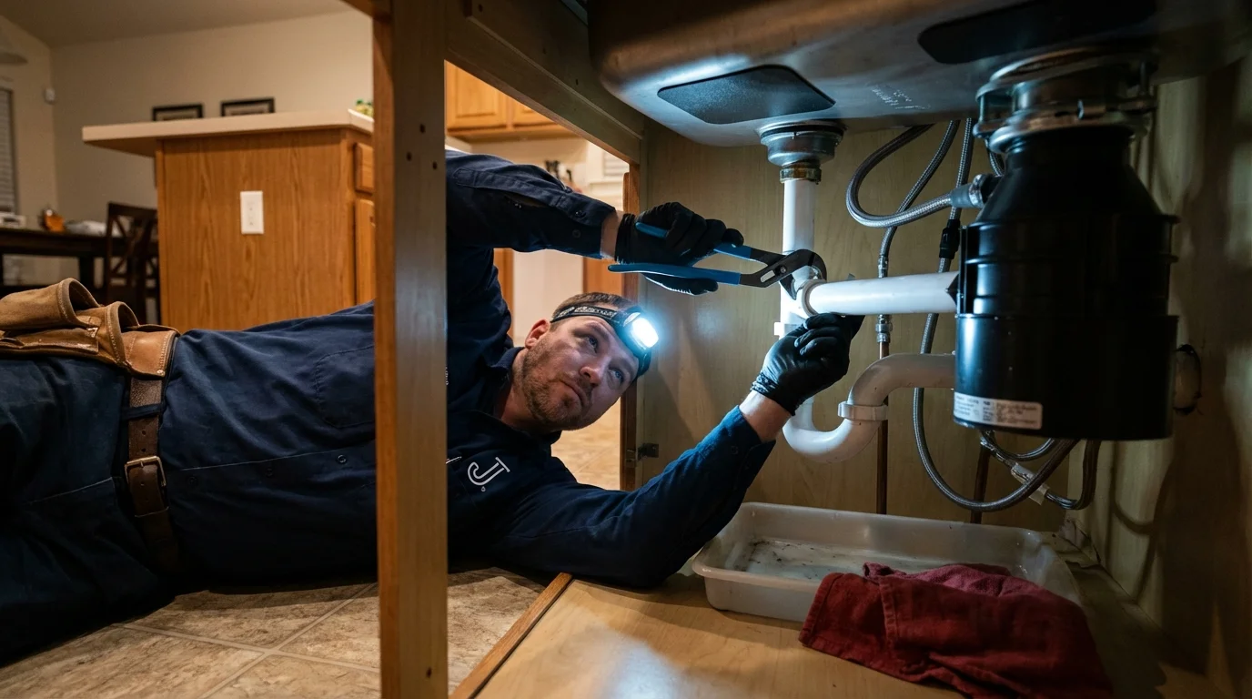 P-trap and supply line connections under a kitchen sink showing a common leak point in Beaverdale, PA